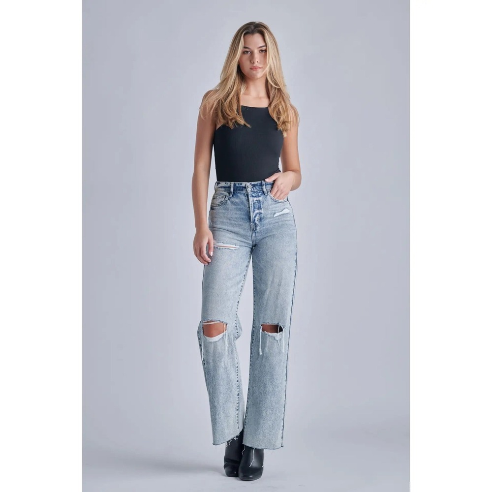 Hidden Jeans High Waisted Wide Leg Distressed Light Wash Button Fly Denim 24 - Picture 2 of 10